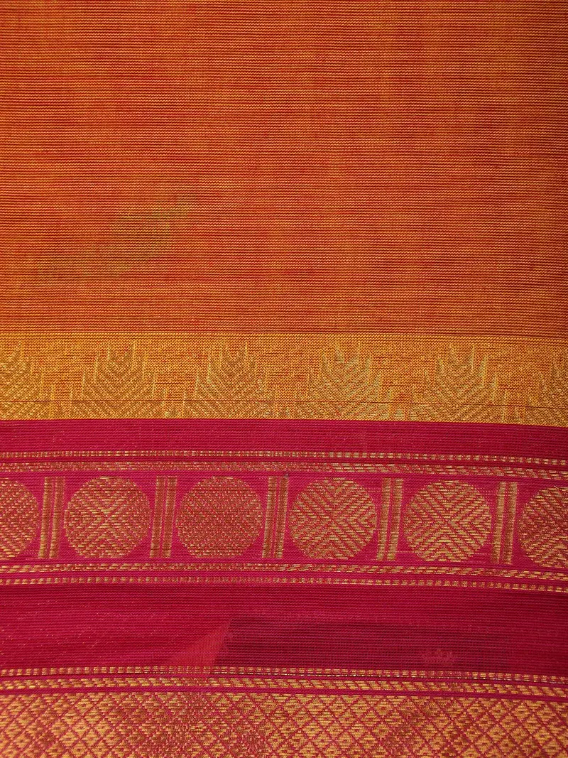 Orange Solid Design Cotton Saree With Contrast Maroon Zari Border 2