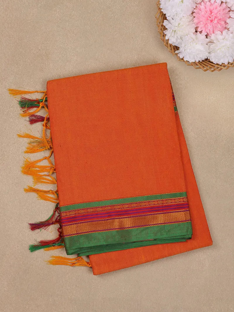 Orange Solid Design Semi Silk Cotton Saree With Contrast Border 1