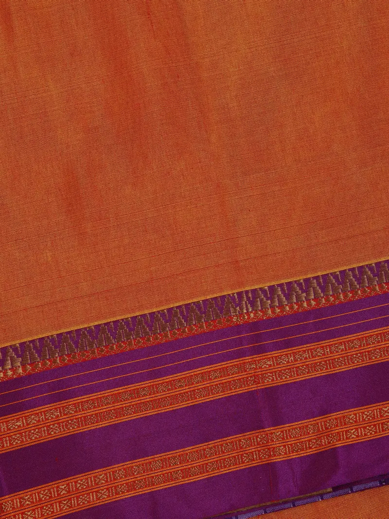 Orange Solid Design Semi Silk Cotton Saree With Contrast Purple Border 2