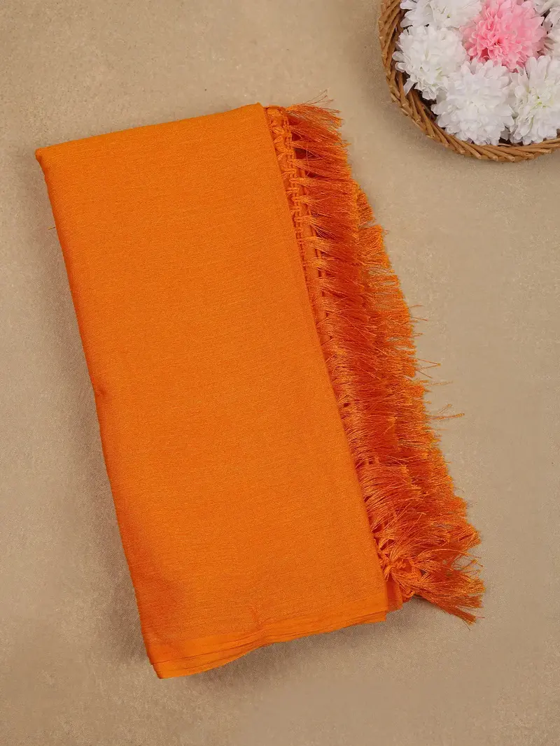 Orange Solid Silk Fancy Saree With Beaded Work Blouse 1
