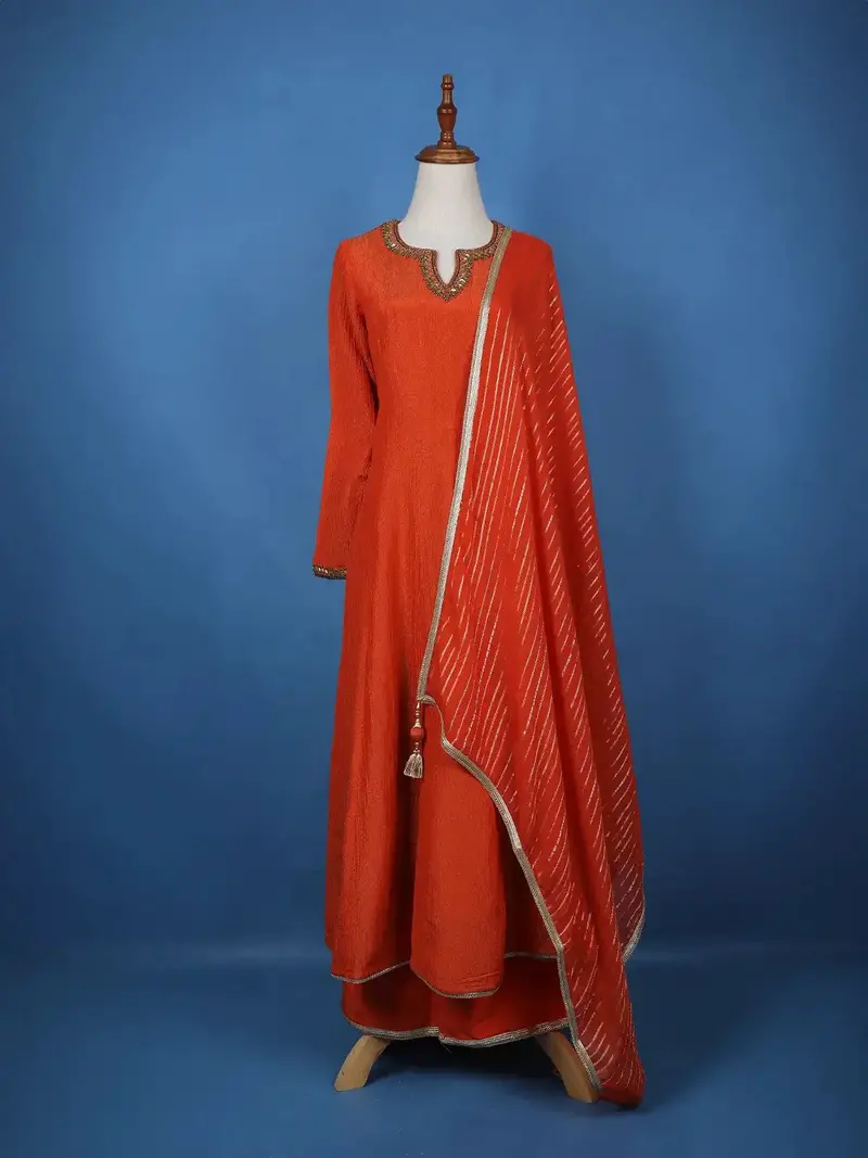 Orange Solid Zardosi Worked Semi Silk Salwar Suit 1