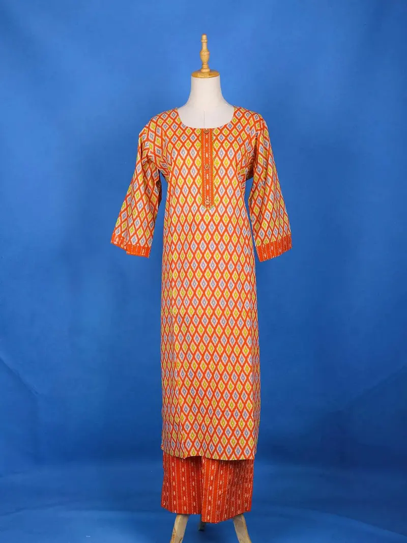 Orange Straight Cut Salwar Suit Adorned With Diamond Patterns, With U-Neck And 3/4 Sleeve 1