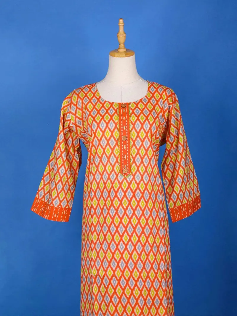 Orange Straight Cut Salwar Suit Adorned With Diamond Patterns, With U-Neck And 3/4 Sleeve 2