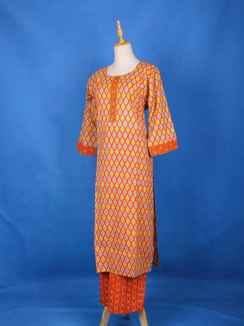 Orange Straight Cut Salwar Suit Adorned With Diamond Patterns, With U-Neck And 3/4 Sleeve 3