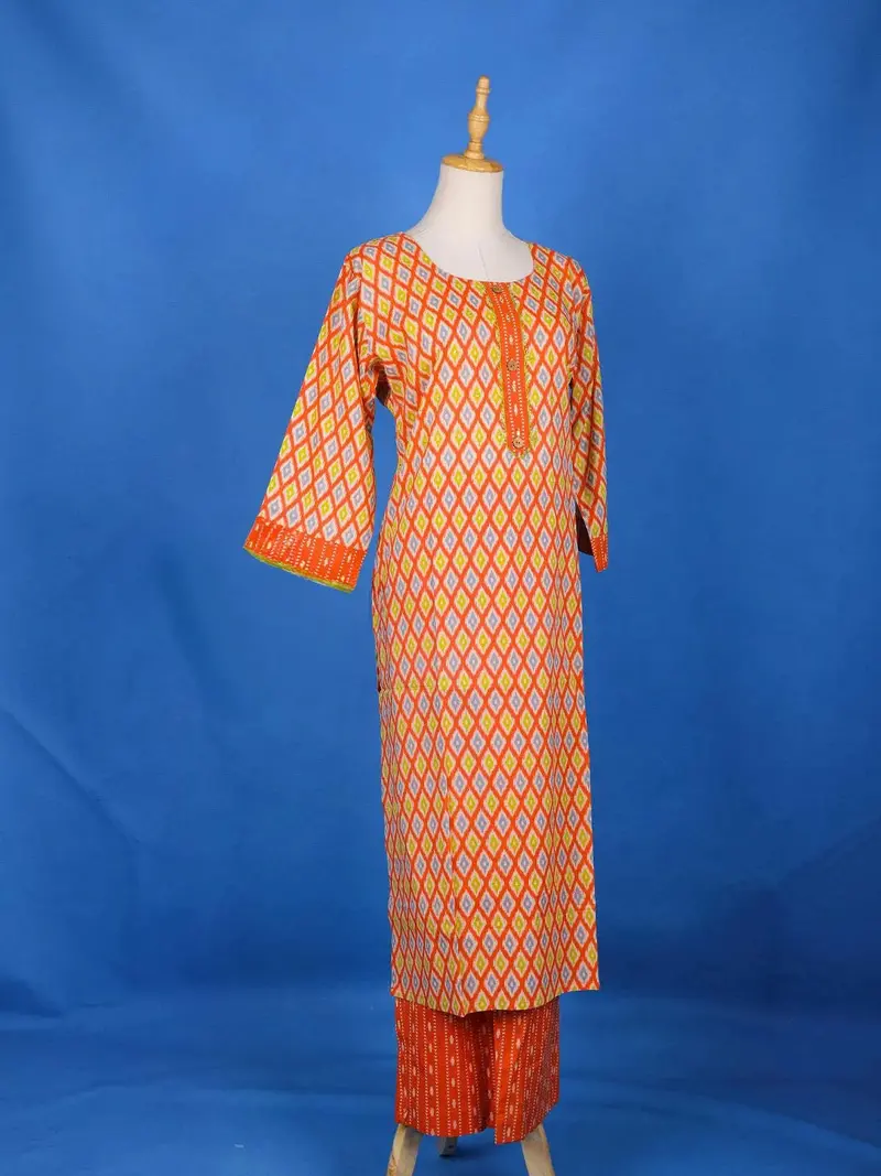Orange Straight Cut Salwar Suit Adorned With Diamond Patterns, With U-Neck And 3/4 Sleeve 4