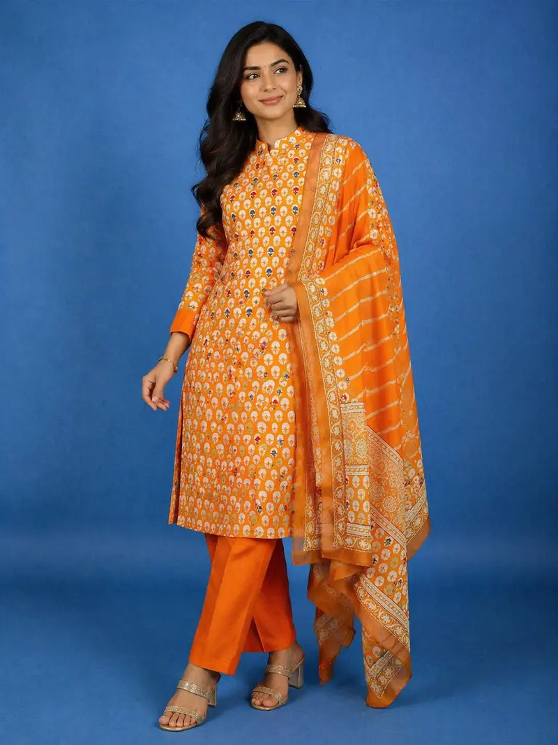 Orange Straight Cut Salwar Suit For Girls Adorned With Floral Prints, With Dupatta And Closed Collar 1