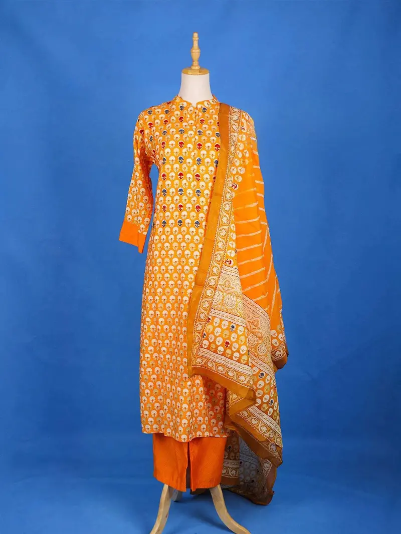 Orange Straight Cut Salwar Suit For Girls Adorned With Floral Prints, With Dupatta And Closed Collar 2