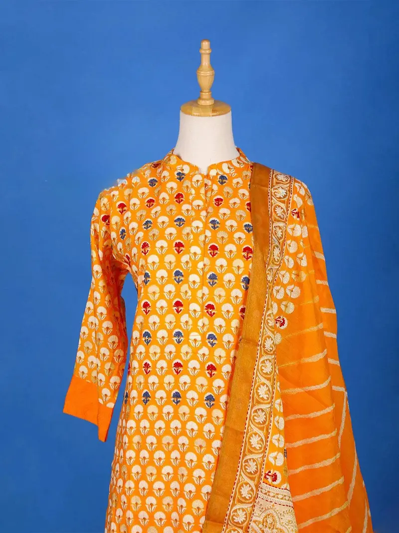 Orange Straight Cut Salwar Suit For Girls Adorned With Floral Prints, With Dupatta And Closed Collar 3