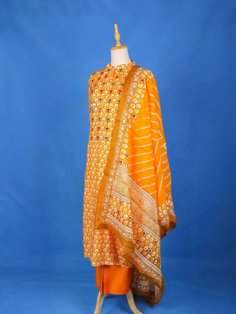 Orange Straight Cut Salwar Suit For Girls Adorned With Floral Prints, With Dupatta And Closed Collar 4