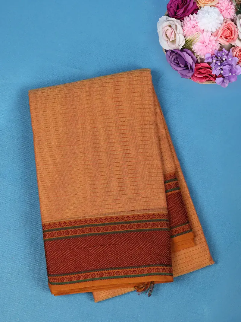 Orange Stripes Design Cotton Saree With Maroon Geometric Woven Border 1
