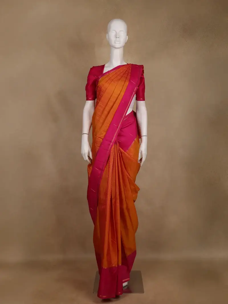 Orange Stripes Woven Kanchipuram Silk Saree With Contrast Border 1