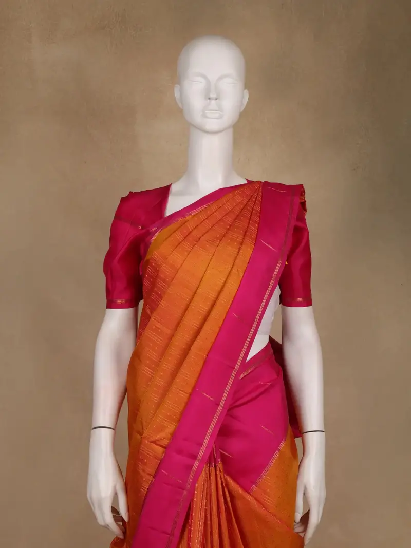 Orange Stripes Woven Kanchipuram Silk Saree With Contrast Border 2