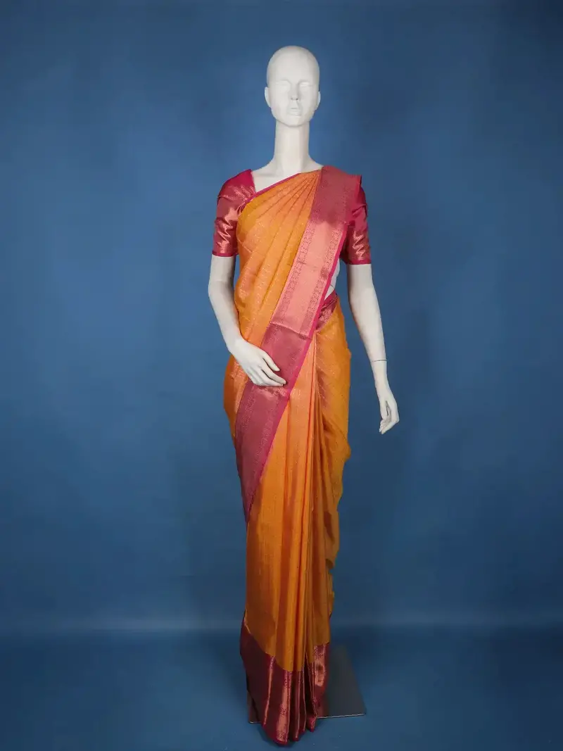 Orange Stripes Woven Pure Kanchipuram Silk Saree With Contrast Pink Zari Border 1