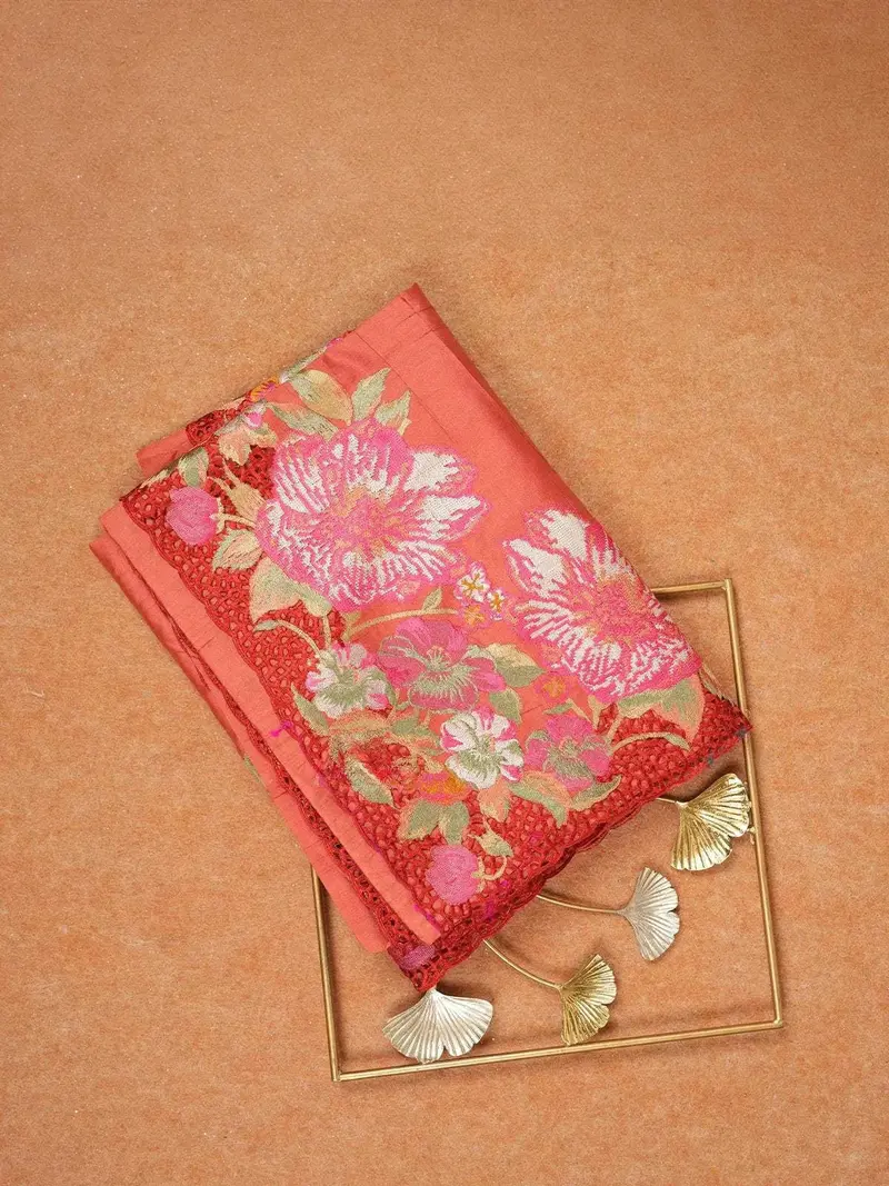 Orange Tussar Silk Saree With Solid Body And With Designed Floral Border 1