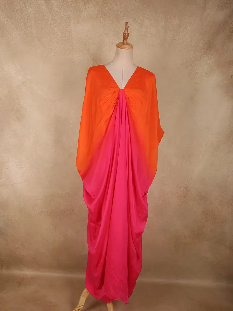 Orange With Pink Solid Design Satin Indo Western Kaftan Set With Front Gathered Pleats 1