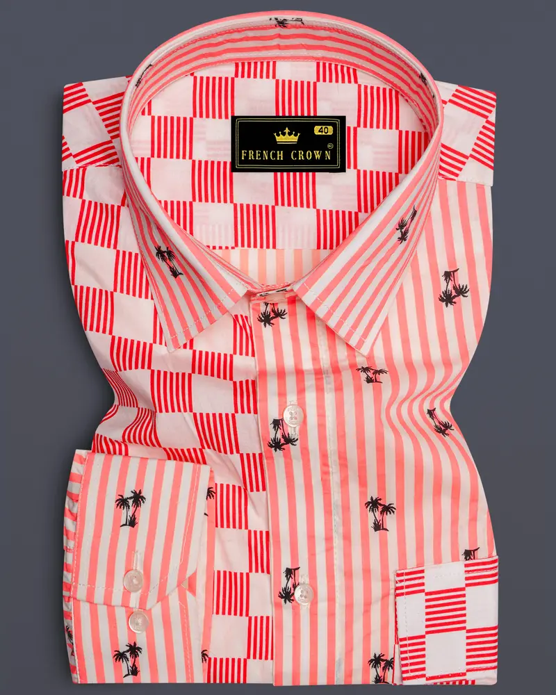Orange With White Checked And Striped Premium Cotton Designer Shirt 1