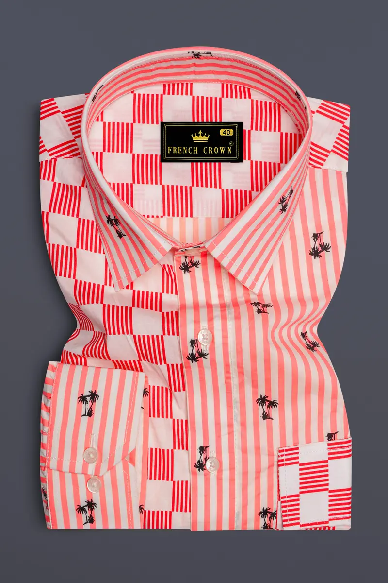 Orange With White Checked And Striped Premium Cotton Designer Shirt 2