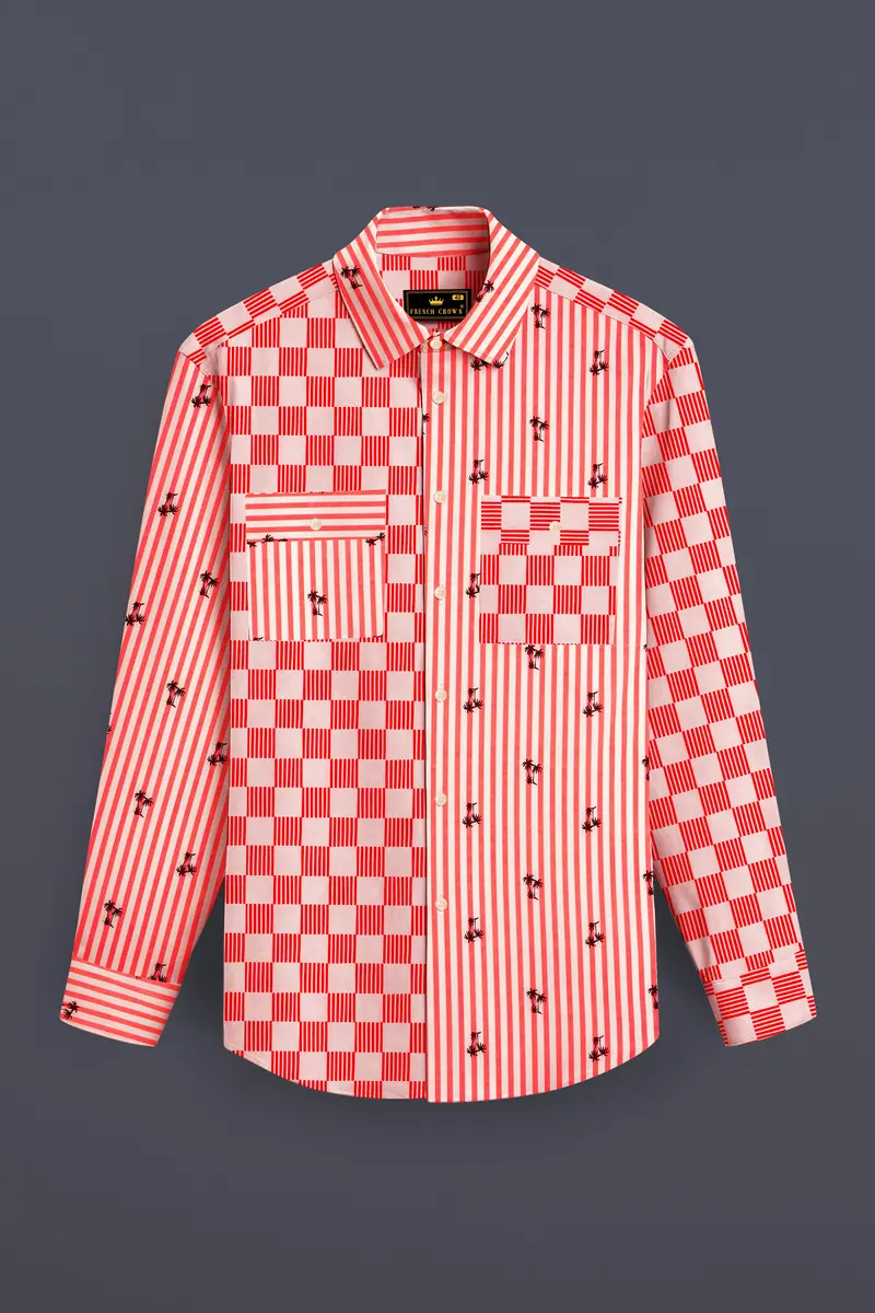 Orange With White Checked And Striped Premium Cotton Designer Shirt 4