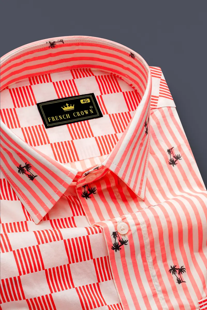 Orange With White Checked And Striped Premium Cotton Designer Shirt 5