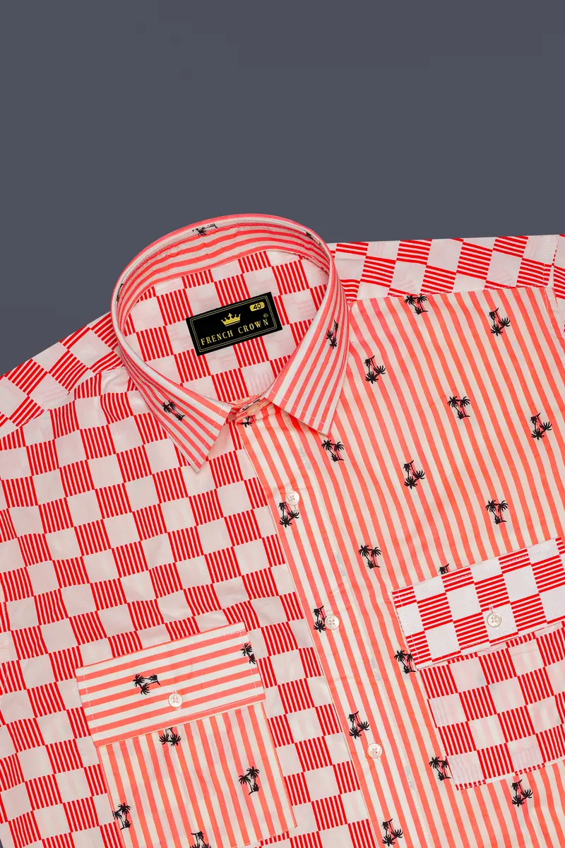 Orange With White Checked And Striped Premium Cotton Designer Shirt 6