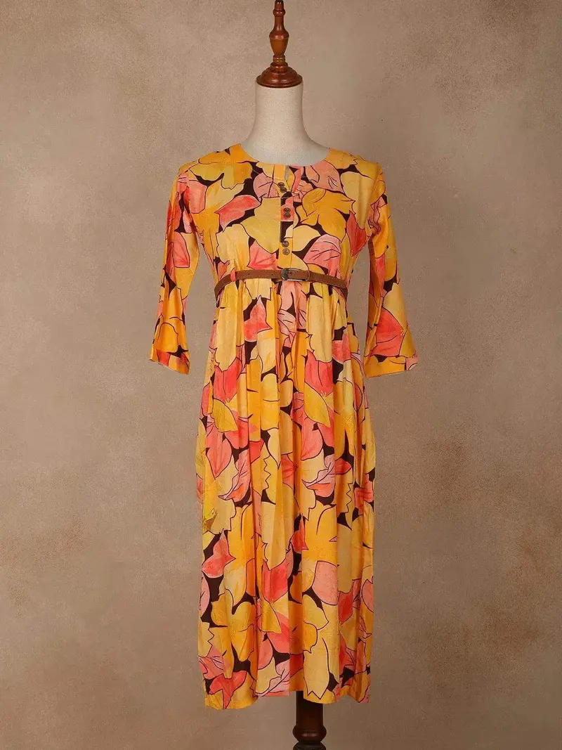 Orange Yellow Cotton Kurti Adorned With Floral Prints And Waist Belt 1