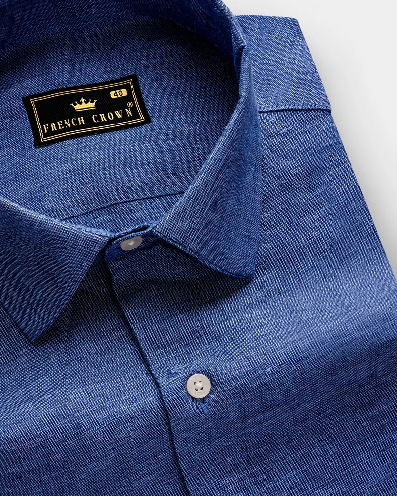 Orbitluxe-Astronaut Blue Textured Luxurious Linen Dress Shirt 1