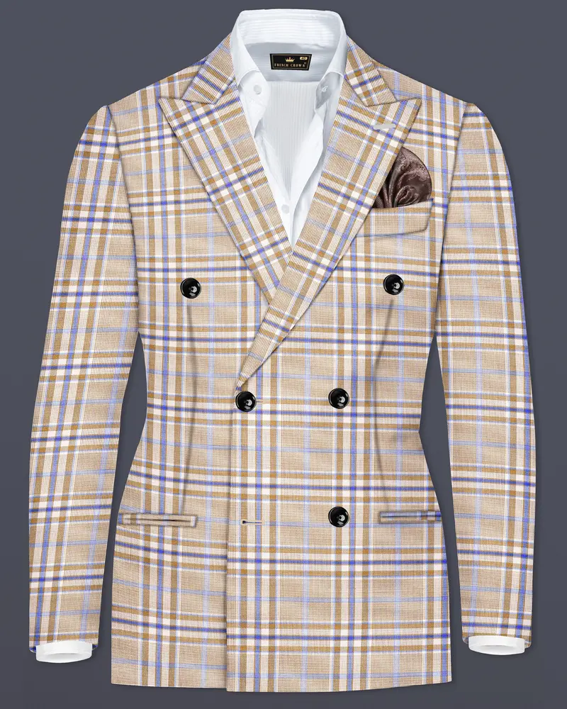 Orchid Cream And Wild Blue Plaid Wool Rich Double Breasted Blazer 1