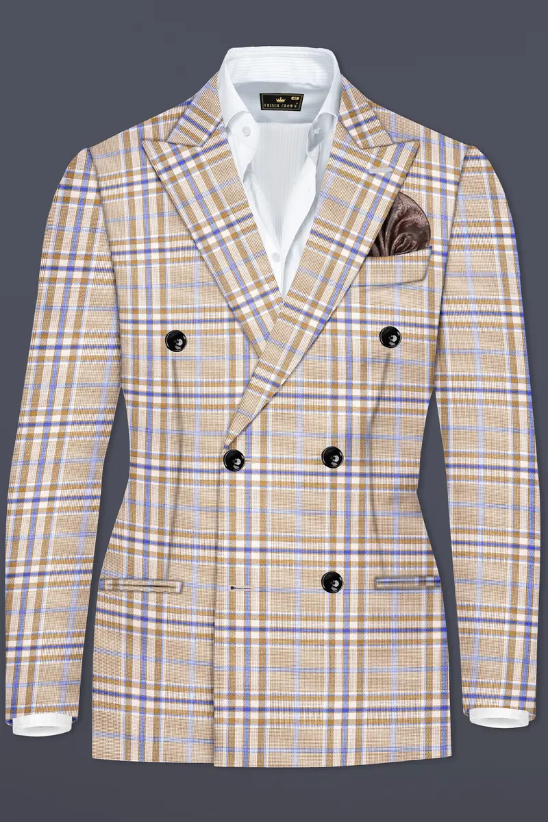 Orchid Cream And Wild Blue Plaid Wool Rich Double Breasted Blazer 2