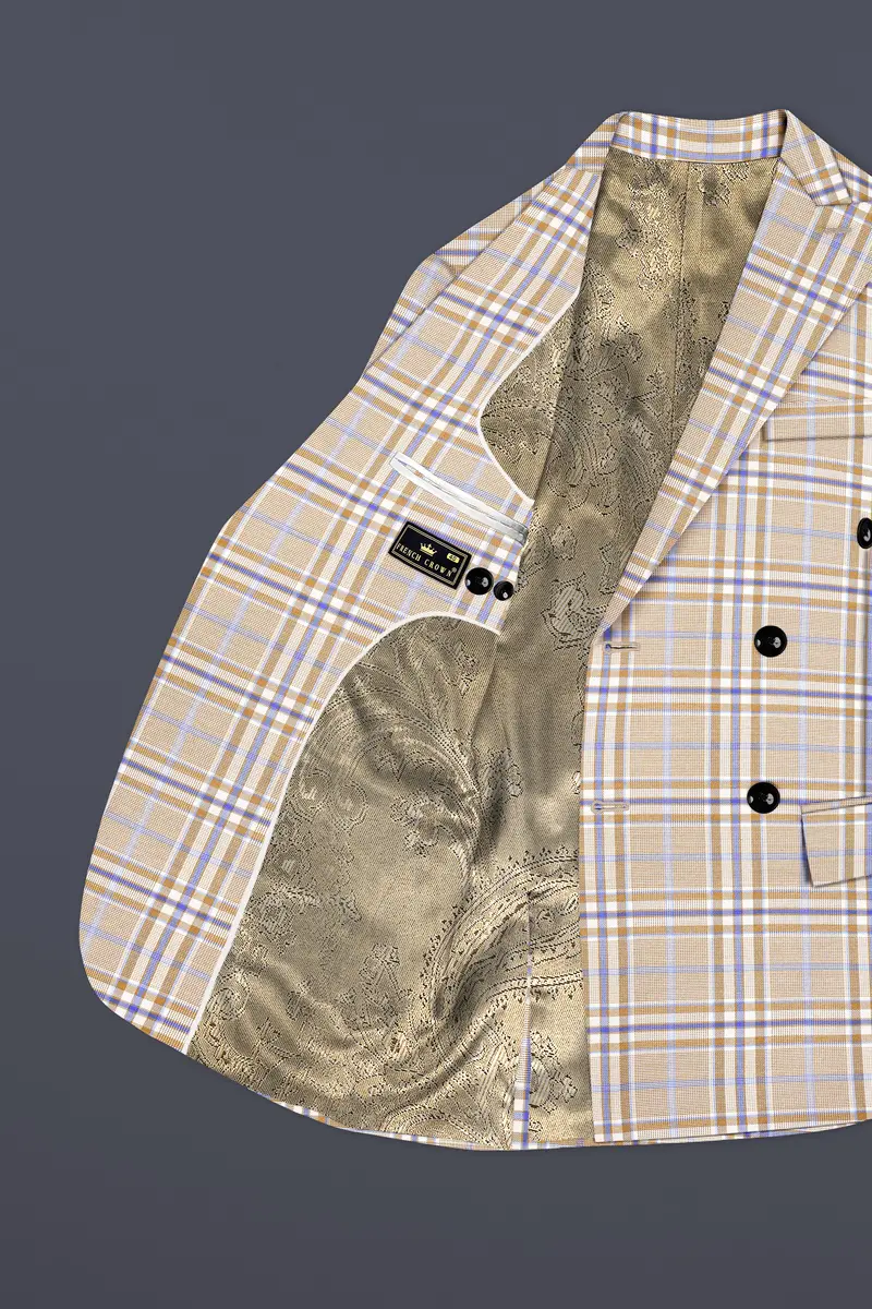 Orchid Cream And Wild Blue Plaid Wool Rich Double Breasted Blazer 5