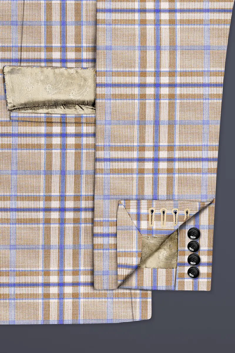 Orchid Cream And Wild Blue Plaid Wool Rich Double Breasted Blazer 6