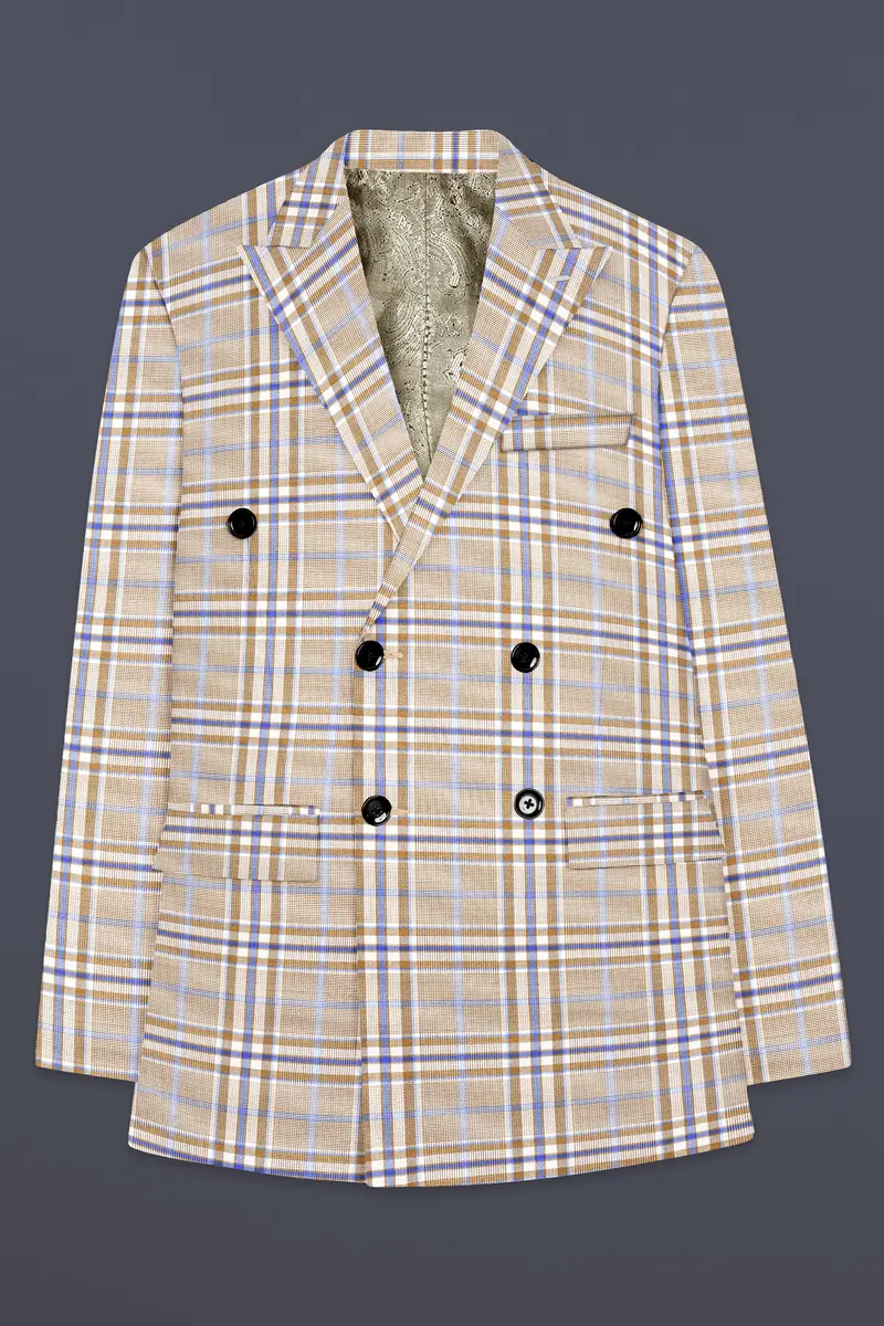 Orchid Cream And Wild Blue Plaid Wool Rich Double Breasted Blazer 7