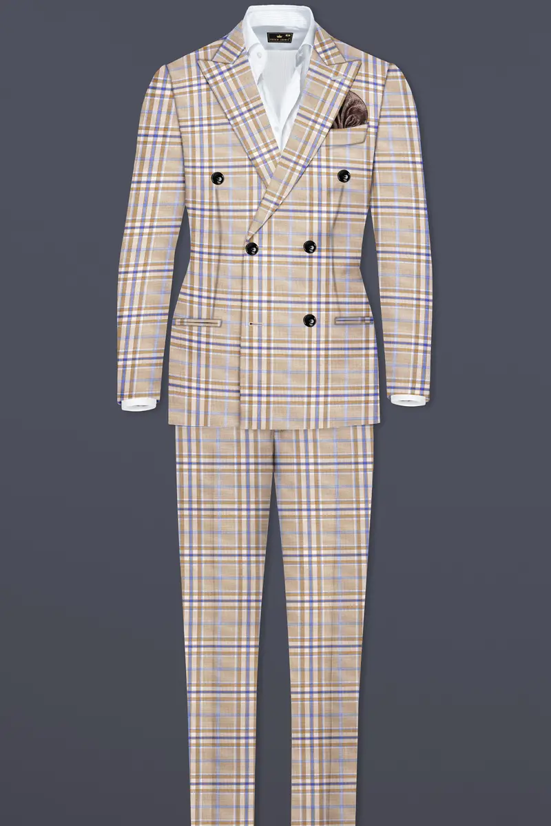 Orchid Cream And Wild Blue Plaid Wool Rich Double Breasted Blazer 9