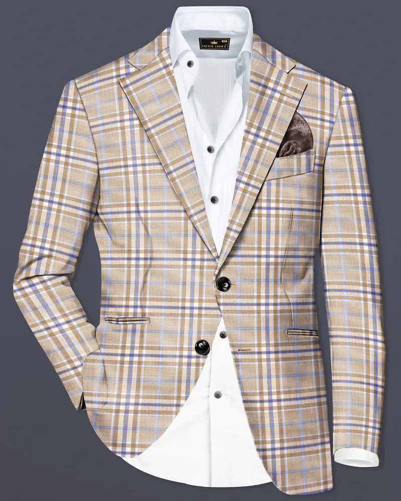 Orchid Cream And Wild Blue Plaid Wool Rich Single Breasted Blazer 1