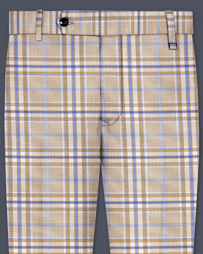 Orchid Cream And Wild Blue Plaid Wool Rich Stretchable Waistband Pant 1