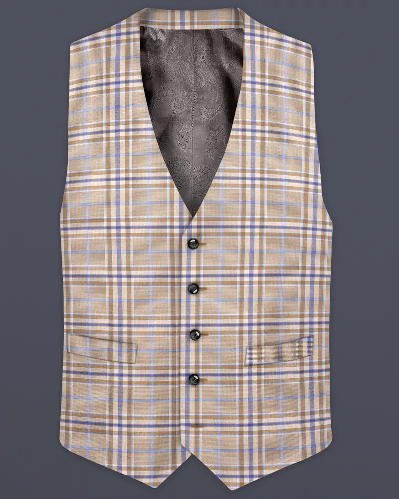 Orchid Cream And Wild Blue Plaid Wool Rich Waistcoat 1