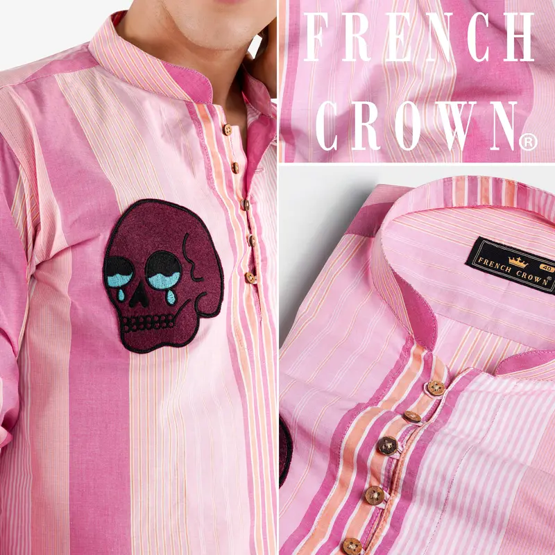 Orchid Pink Striped With Embroidered Patchwork Premium Cotton Designer Kurta Shirt 1