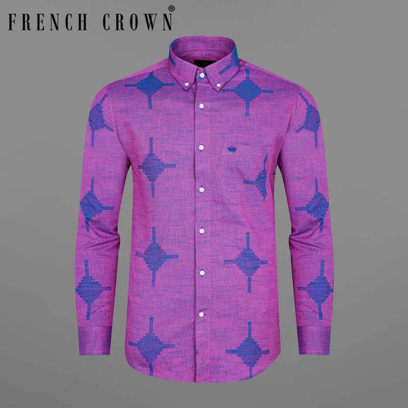 Orchid Pink With Denim Blue Dobby Textured Premium Giza Cotton Shirt 1