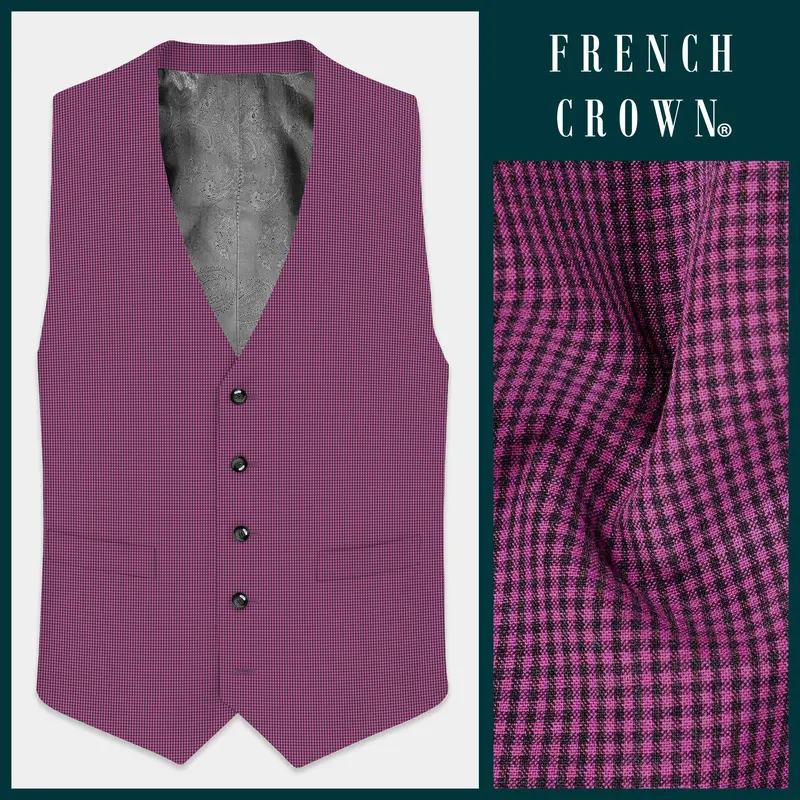 Orchid-Plum Pink Gingham Plaid Wool Rich Waistcoat 1