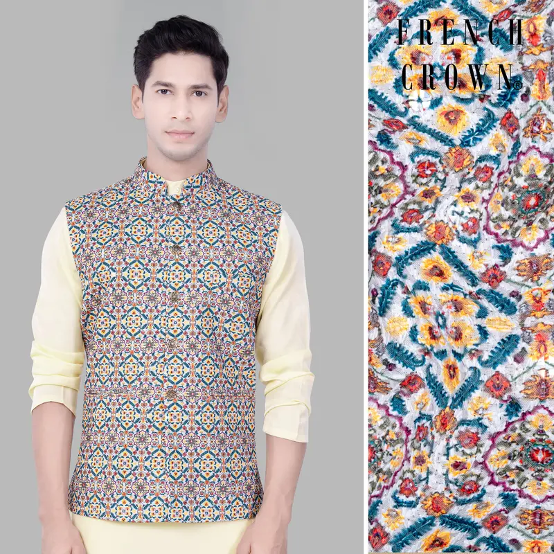 Orient Blue And Tainoi Yellow Designer Thread Embroidered Nehru Jacket 1