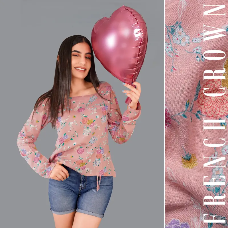 Oriental Pink Floral Printed Viscose Crop Top 1