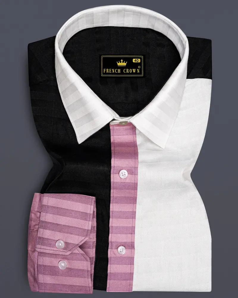 Oriental Pink Striped With Jade Black And White Super Soft Premium Cotton Designer Block Shirt 1