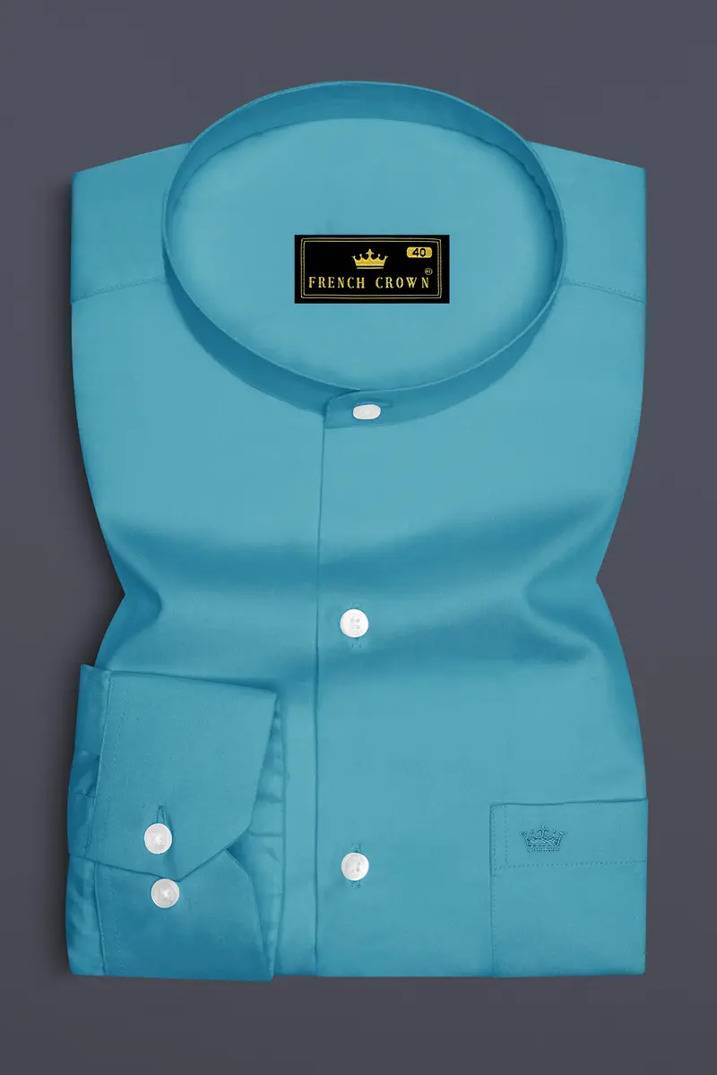 Orientor-Eastern Blue Subtle Sheen Super Soft Premium Cotton Mandarin Dress Shirt 4