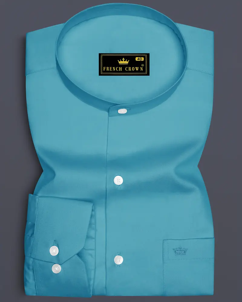 Orientor-Eastern Blue Subtle Sheen Super Soft Premium Cotton Mandarin Dress Shirt 6
