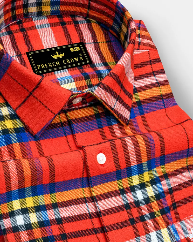 Orvante-Vermillion Orange Plaid Flannel Premium Cotton Casual Shirt 1