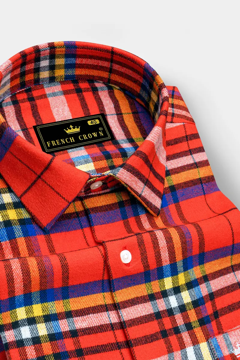 Orvante-Vermillion Orange Plaid Flannel Premium Cotton Casual Shirt 2