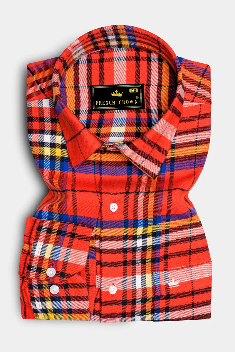 Orvante-Vermillion Orange Plaid Flannel Premium Cotton Casual Shirt 4