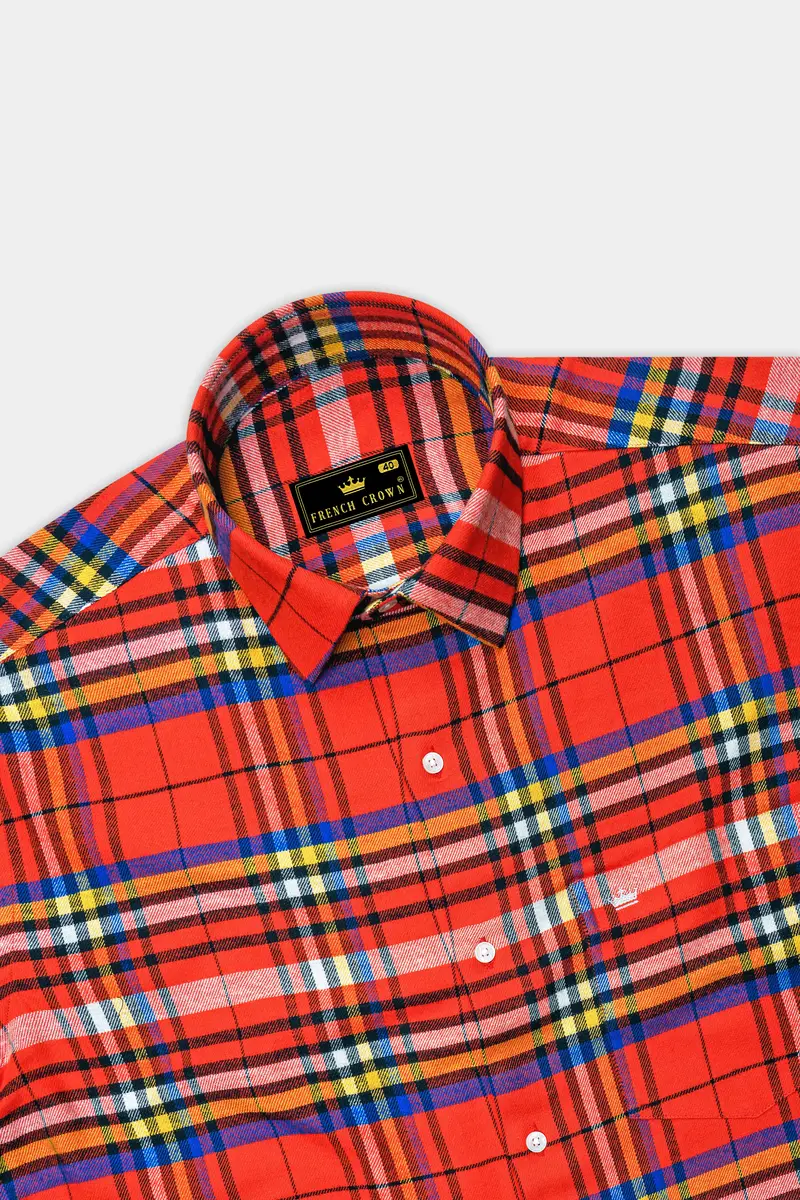 Orvante-Vermillion Orange Plaid Flannel Premium Cotton Casual Shirt 5