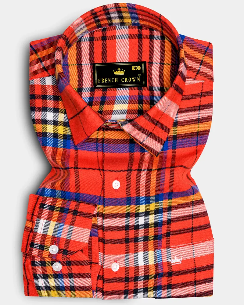 Orvante-Vermillion Orange Plaid Flannel Premium Cotton Casual Shirt 6