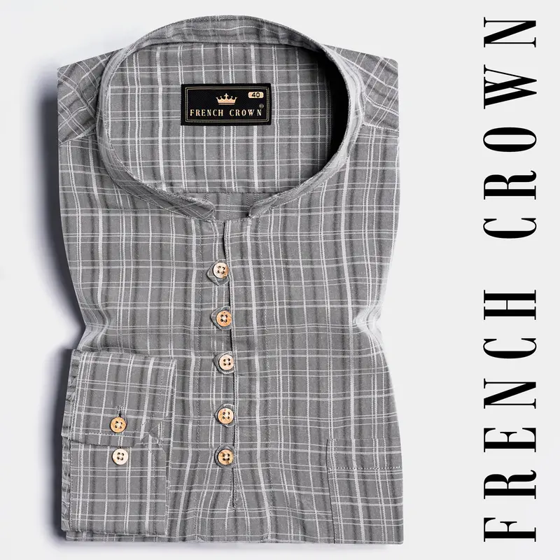 Oslo Gray And White Checkered Dobby Textured Premium Giza Cotton Kurta Shirt 1