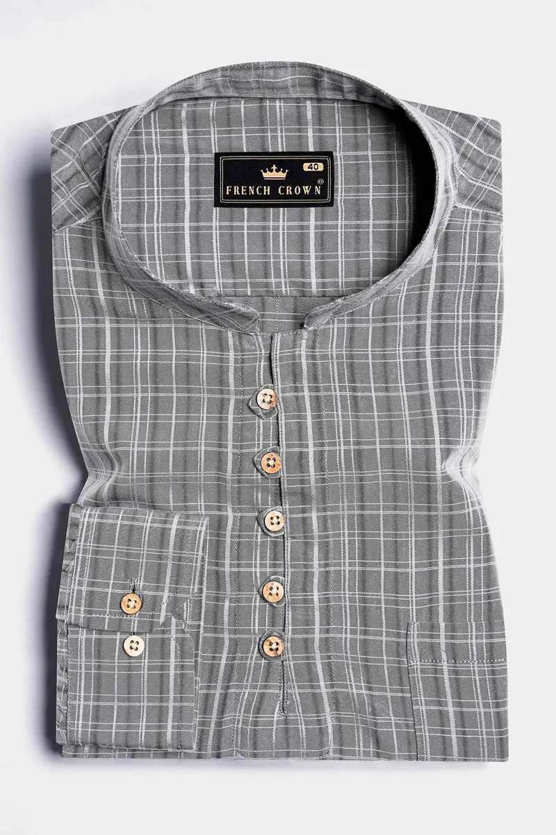 Oslo Gray And White Checkered Dobby Textured Premium Giza Cotton Kurta Shirt 2